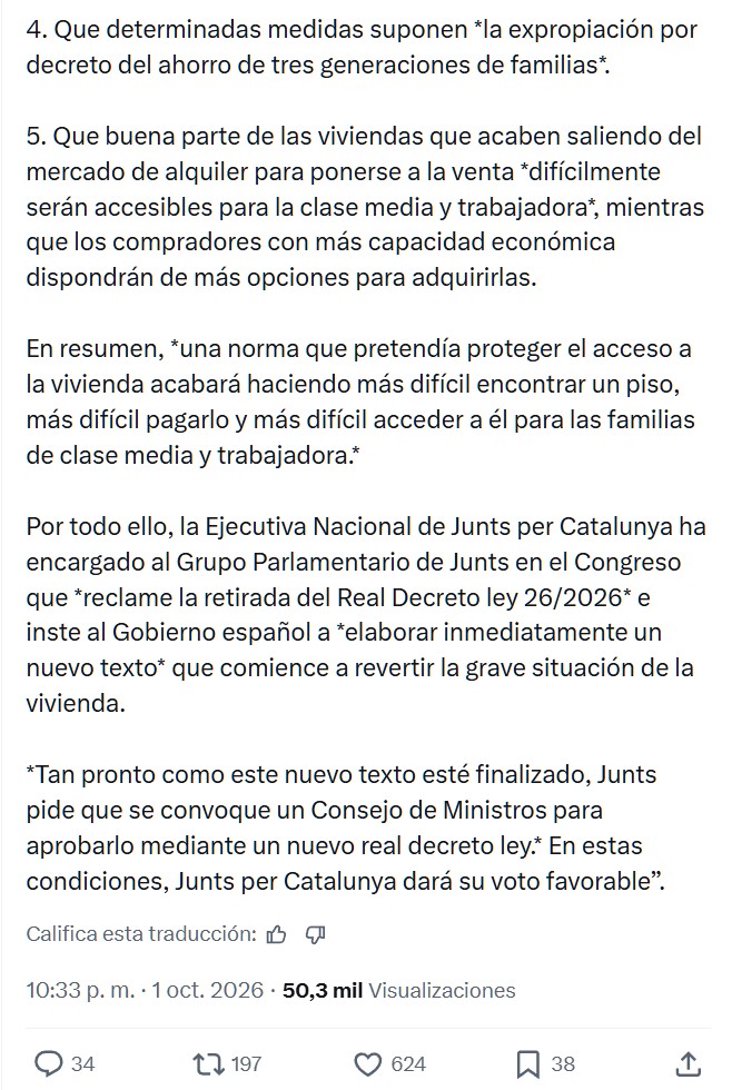 Así ha argumentado Junts su negativa a apoyar los dos decretos de vivienda publicados ayer por el PSOE