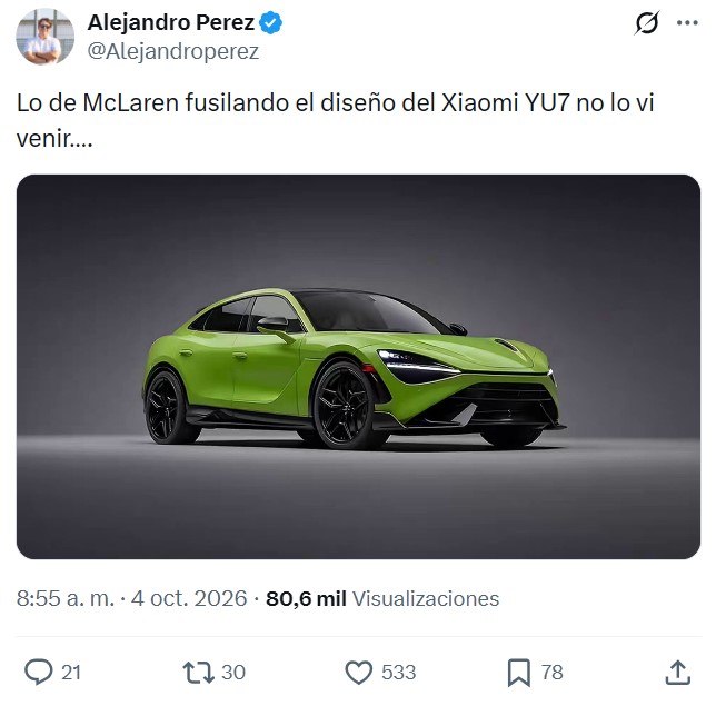 Atentos a la paradoja: Xiaomi copia el diseño de McLaren, luego McLaren lanza su primer SUV y parece la gente cree que es una copia del YU7 de Xiaomi :D