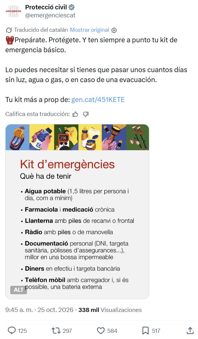Tuit de @emergenciescat sobre el kit de emergencia