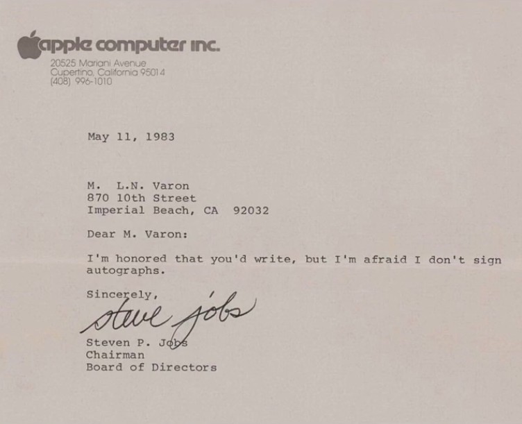 En 1983, un admirador le escribió a Steve Jobs para pedirle un autógrafo. El cofundador de Apple, que entonces tenía 28 años, respondió con esta carta.