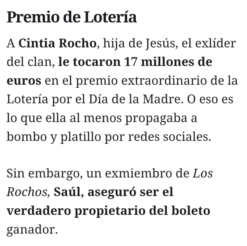La la líder del clan de los Rocho le tocaron 17 millones de euros en un sorteo de la ONCE apenas unos días después de que Pedro, tras reflexionar, ordenase "limpiar sin límites".