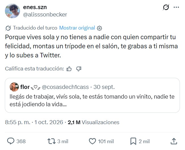 Lo bueno de vivir sola es que nadie te molesta. Lo malo de vivir sola es... que vives sola.