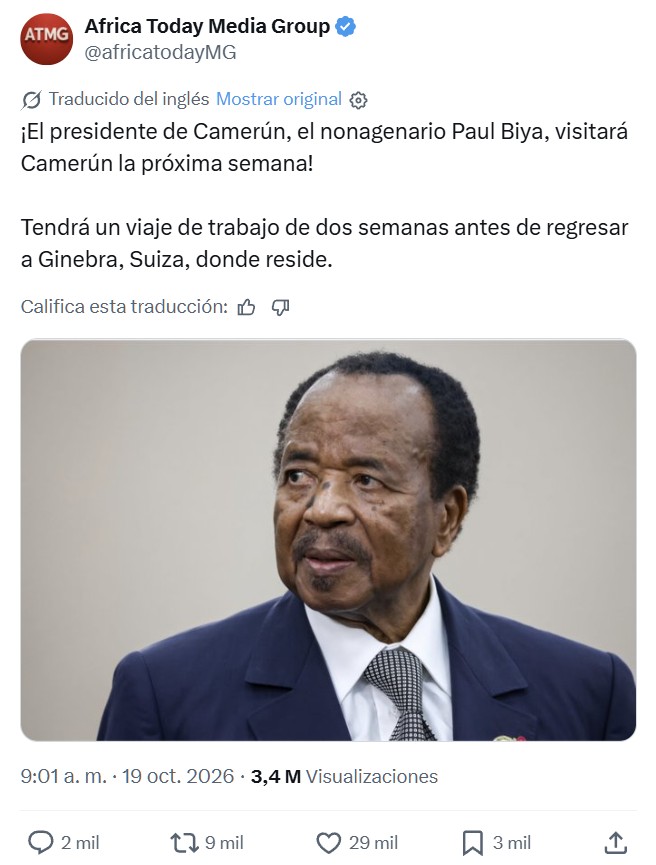 Acabo de enterarme de que el presidente de Camerún tiene 93 años y vive en Suiza.