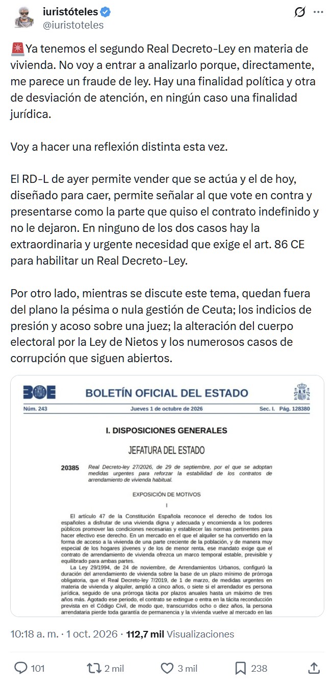 8 años tocándose los huevos y pretende sacar un decreto de turbourgencia porque una vieja quiere seguir pagando 200 euros de alquiler en El Retiro. Pero legislar de urgencia por lo de Ceuta ni se contempla.