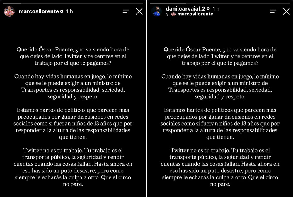 Marcos Llorente, Dani Carvajal y Thibaut Courtois lanzan un comunicado conjunto en redes sociales en contra de Óscar Puente.
