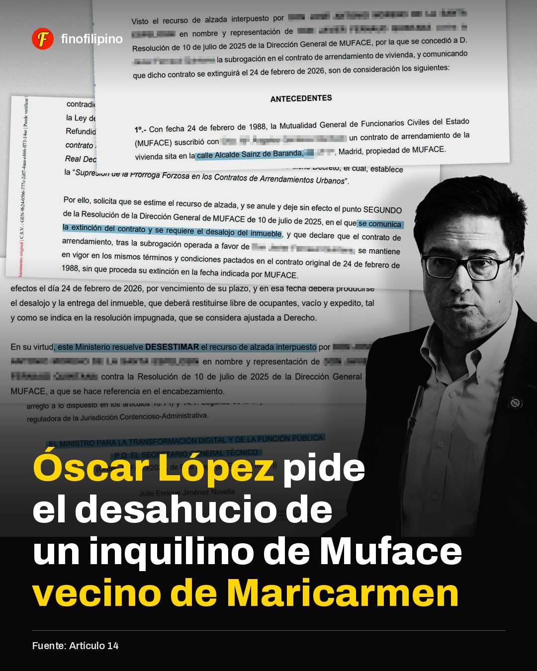 Óscar López firma un desahucio vecino de Maricarmen y se defiende diciendo que es un bulo.