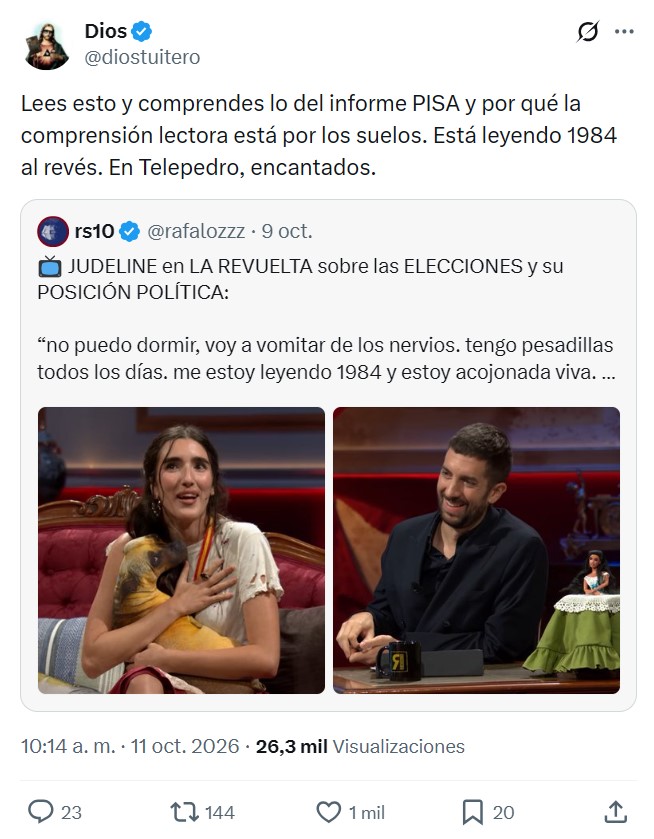 Imagina decir que estás leyendo 1984 mientras eres entrevistada en LA TELEPANTALLA de TelePedro.