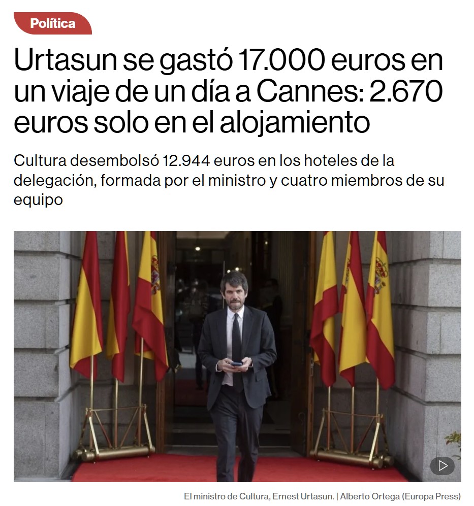 TRANSPARENCIA | Sabíais que el ministro de Cultura se gastó más de 17.000 euros en ir al festival de Cannes y que pese a ser un desplazamiento de ida y vuelta en el mismo día, pagó 2670 por una habitación de hotel?