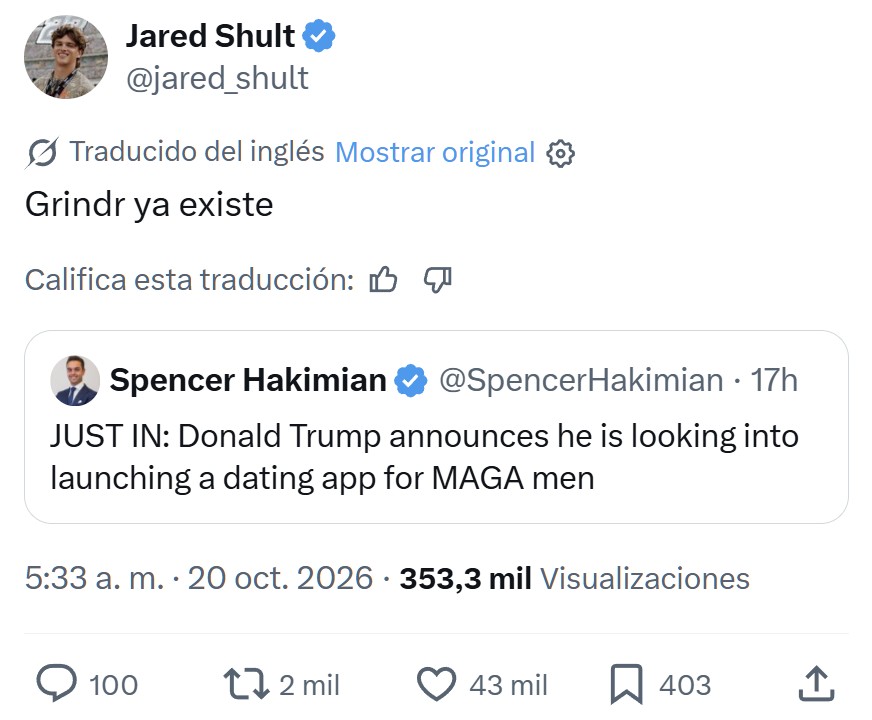 Trump anuncia que está pensando en lanzar una app de citas para hombres de verdad.