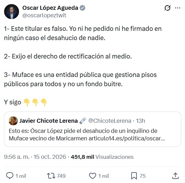 Óscar López firma un desahucio vecino de Maricarmen y se defiende diciendo que es un bulo.