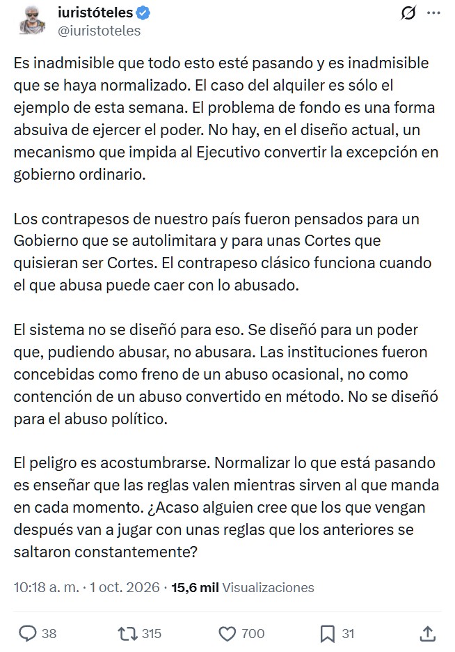 8 años tocándose los huevos y pretende sacar un decreto de turbourgencia porque una vieja quiere seguir pagando 200 euros de alquiler en El Retiro. Pero legislar de urgencia por lo de Ceuta ni se contempla.
