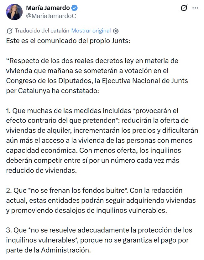 Así ha argumentado Junts su negativa a apoyar los dos decretos de vivienda publicados ayer por el PSOE